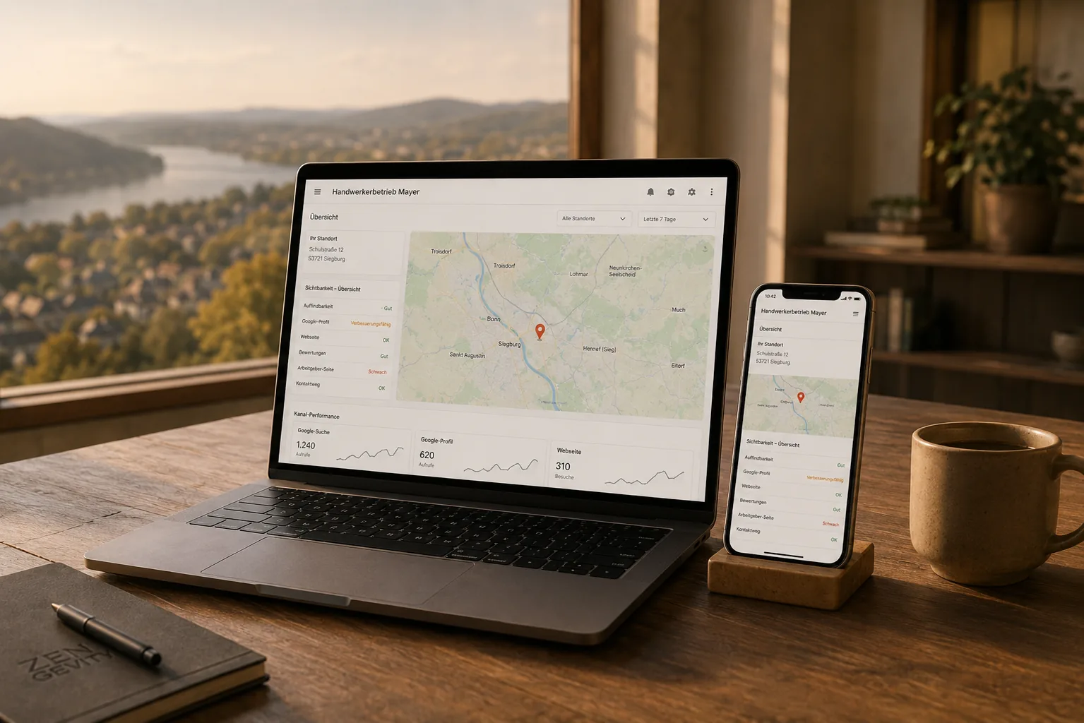 Übersicht der lokalen Sichtbarkeit eines Handwerksbetriebs auf Laptop und Smartphone