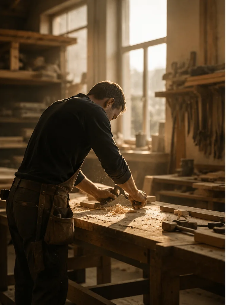 Tischler bei der Arbeit an der Werkbank – Handwerksbetrieb im Rhein-Sieg-Kreis