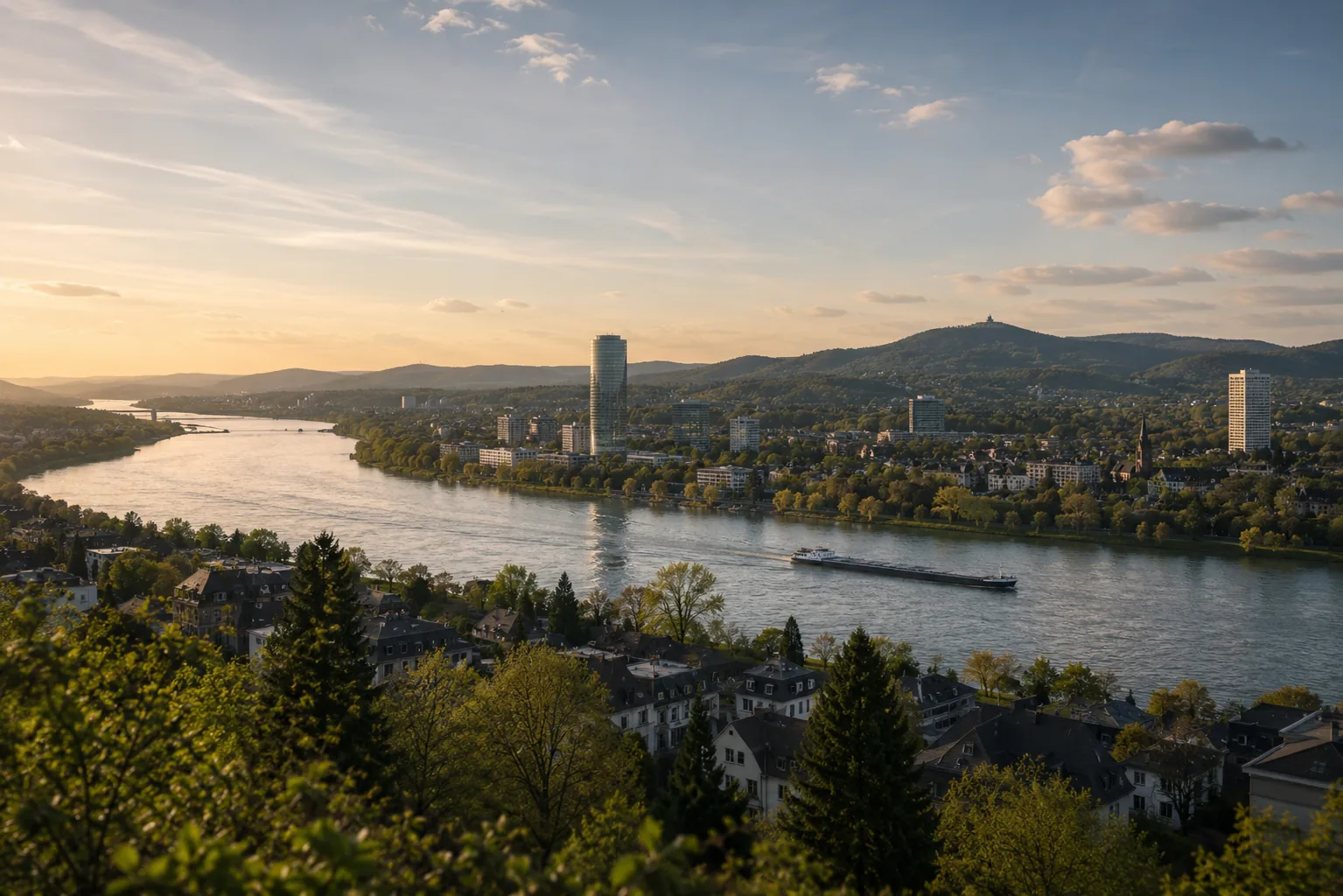 Blick über den Rhein auf Bonn und das Siebengebirge